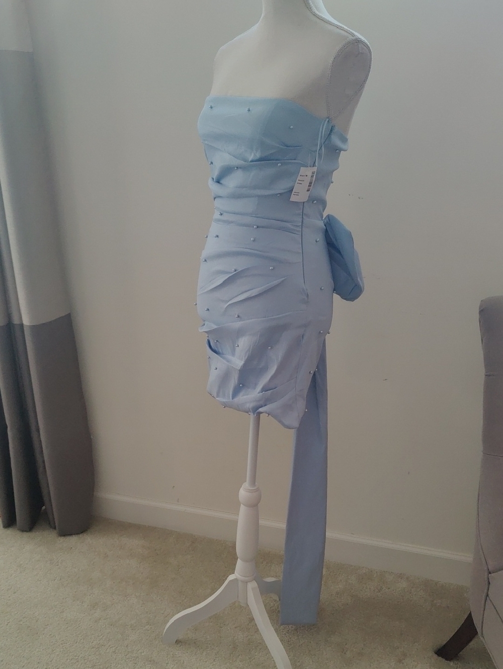 New! Allison&Kelly Strapless Light Blue Pearl-Embellished Bow Back Mini Dress